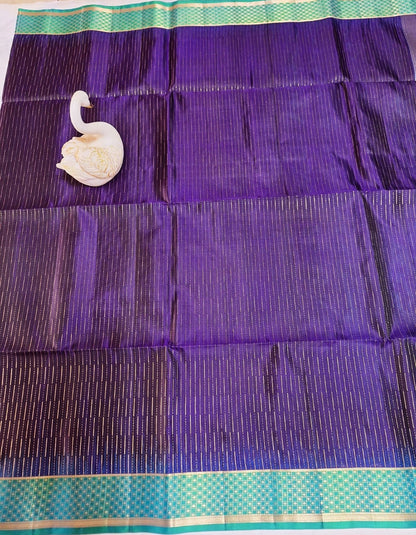 Pure Handloom Soft Silk - Indigo Purple & pastel sea blue Zari lines pattern
