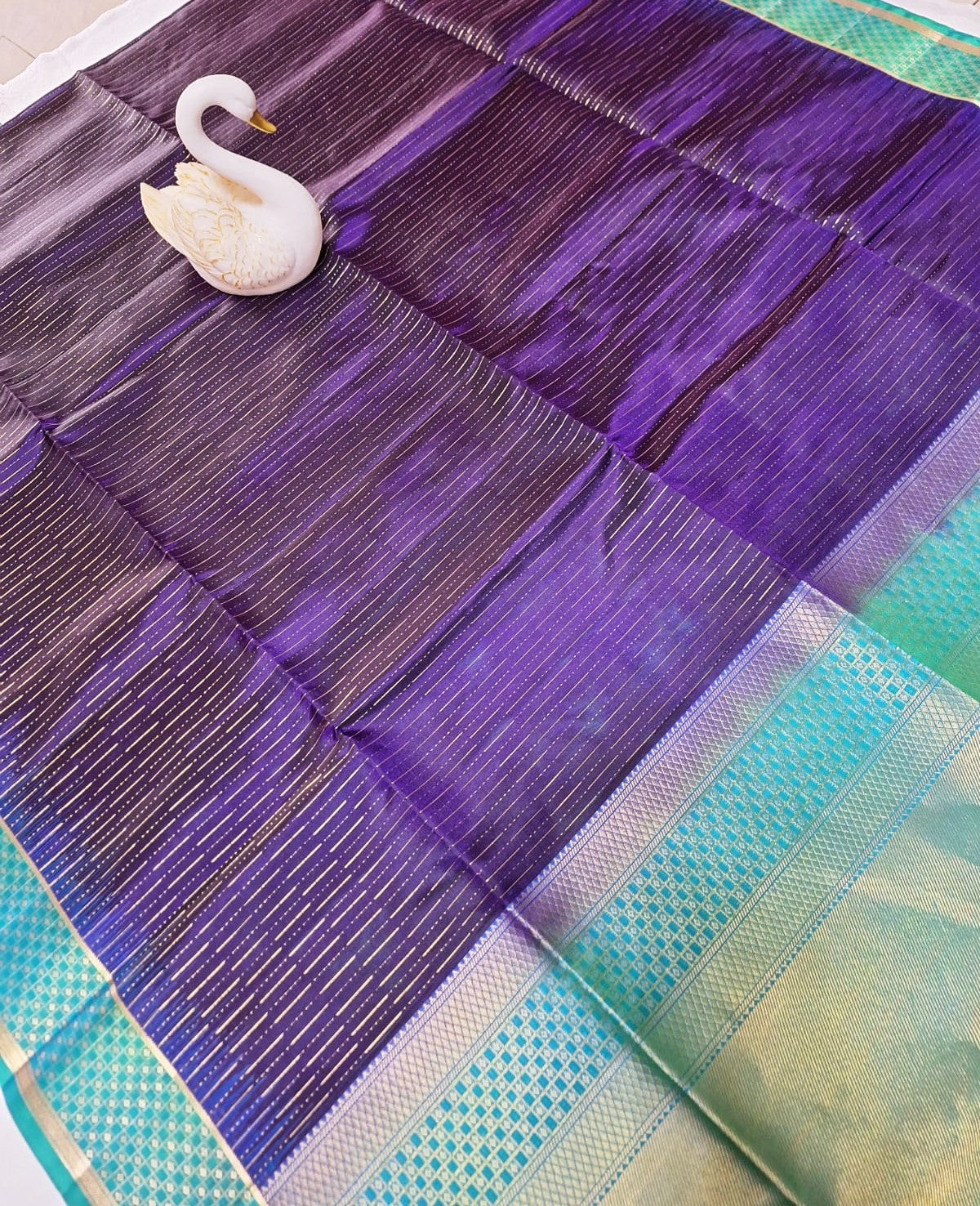 Pure Handloom Soft Silk - Indigo Purple & pastel sea blue Zari lines pattern