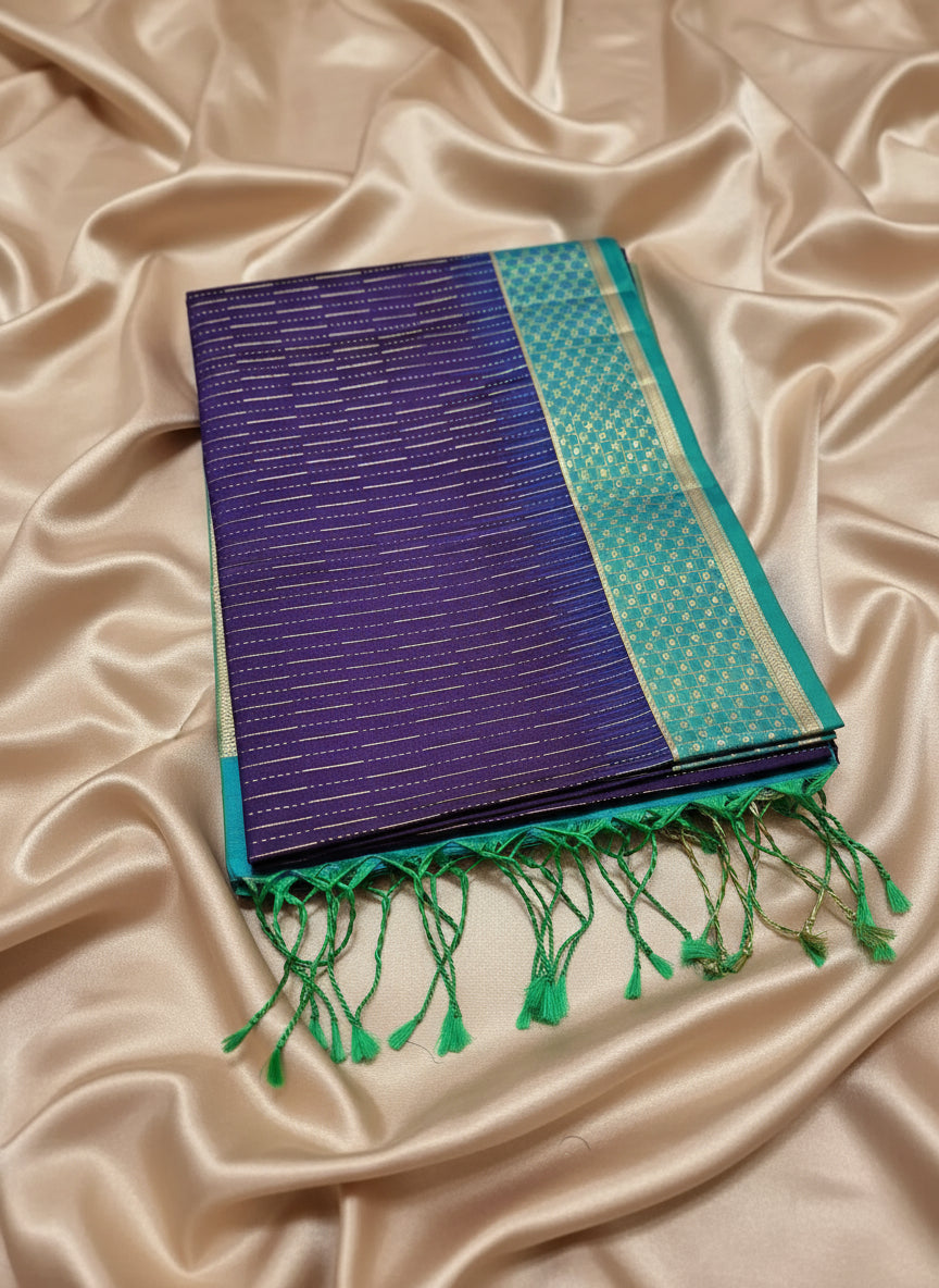 Pure Handloom Soft Silk - Indigo Purple & pastel sea blue Zari lines pattern