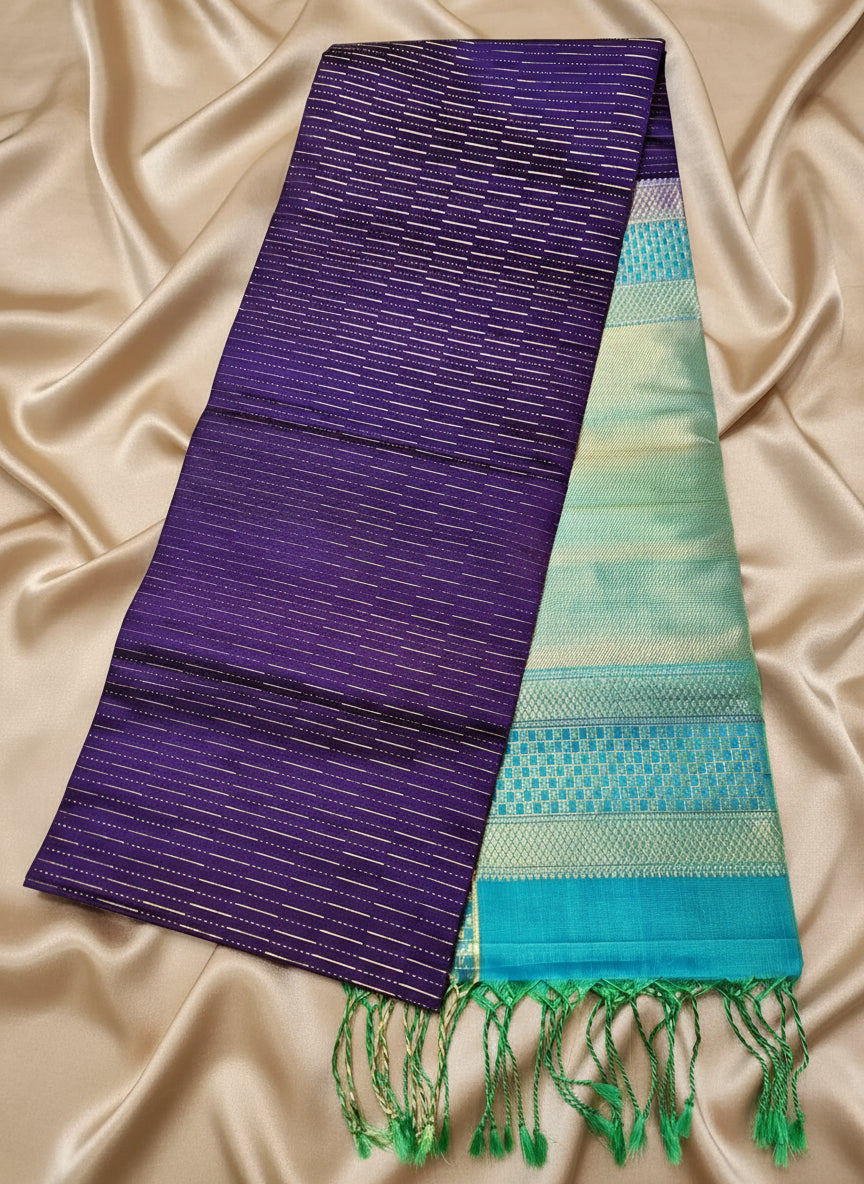 Pure Handloom Soft Silk - Indigo Purple & pastel sea blue Zari lines pattern