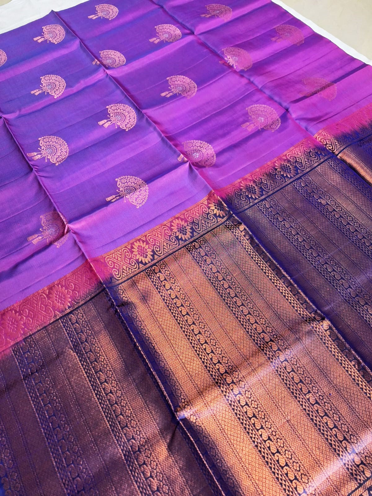 Pure Handloom Soft Silk - Violet & Navy Blue Chinese Fan Design