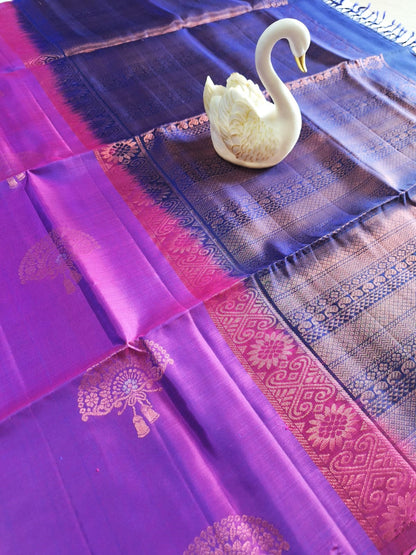 Pure Handloom Soft Silk - Violet & Navy Blue Chinese Fan Design