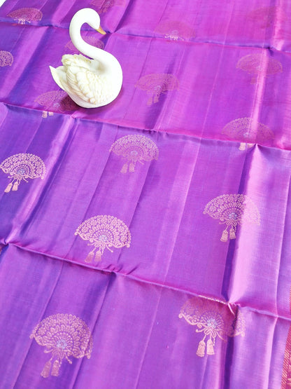 Pure Handloom Soft Silk - Violet & Navy Blue Chinese Fan Design