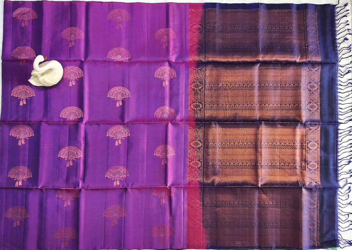 Pure Handloom Soft Silk - Violet & Navy Blue Chinese Fan Design