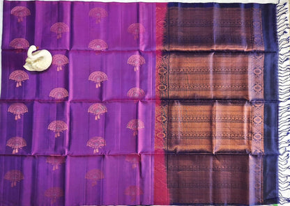 Pure Handloom Soft Silk - Violet & Navy Blue Chinese Fan Design