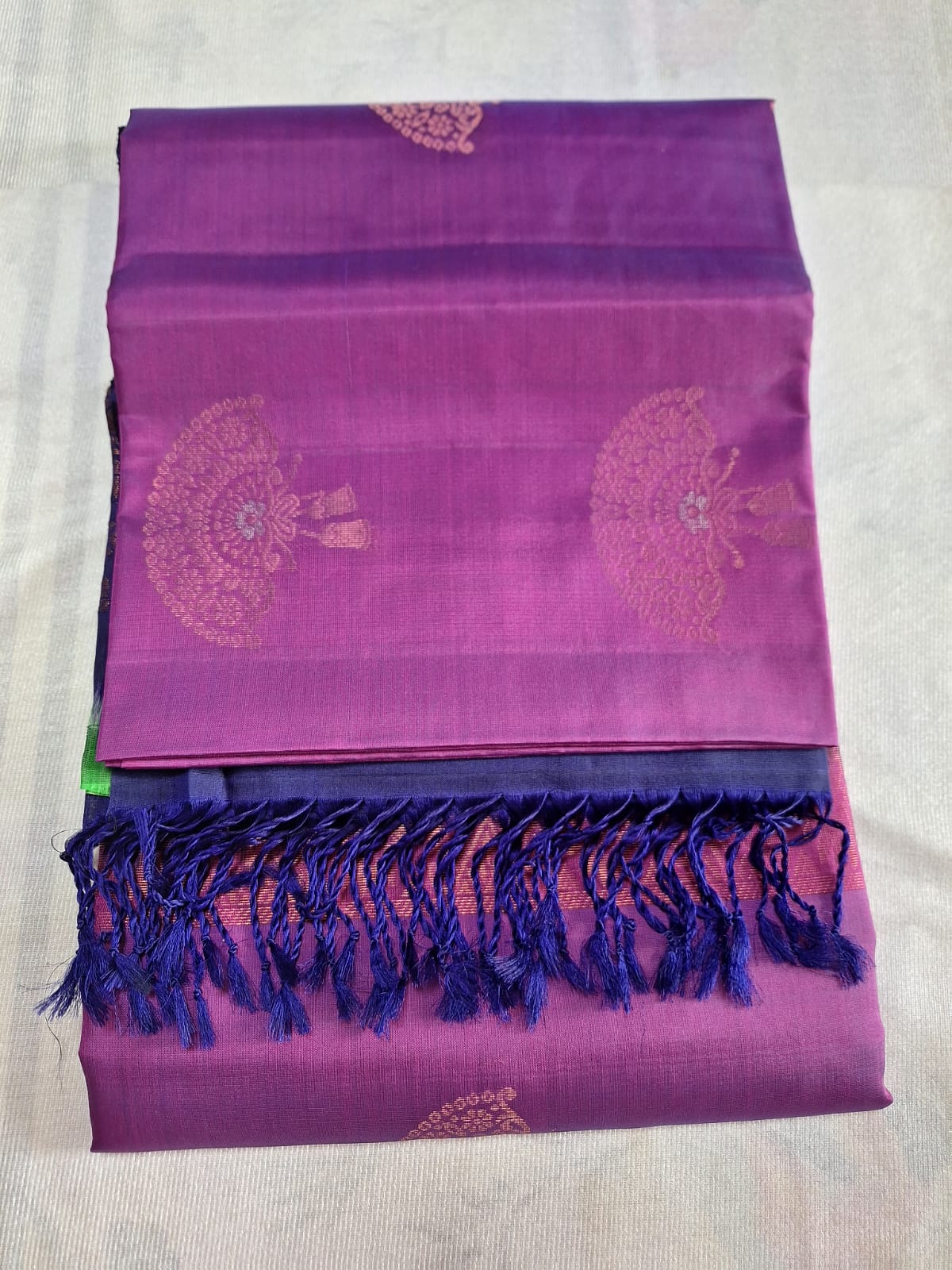 Pure Handloom Soft Silk - Violet & Navy Blue Chinese Fan Design