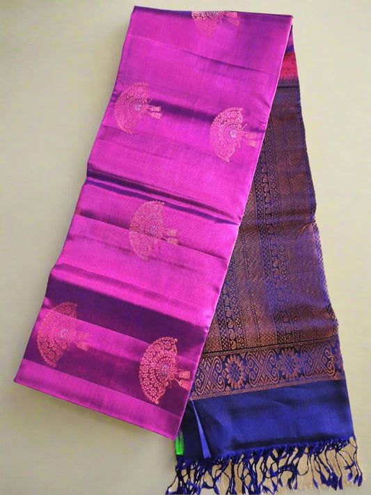 Pure Handloom Soft Silk - Violet & Navy Blue Chinese Fan Design