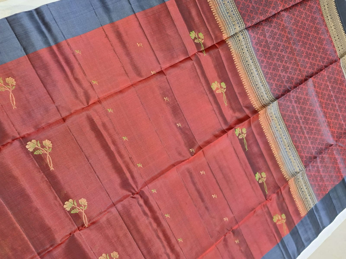 Pure Handloom Soft Silk -Maroon & Gray with floral motifs