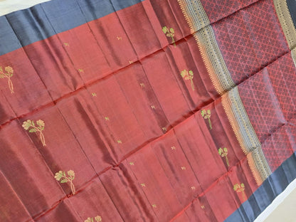 Pure Handloom Soft Silk -Maroon & Gray with floral motifs