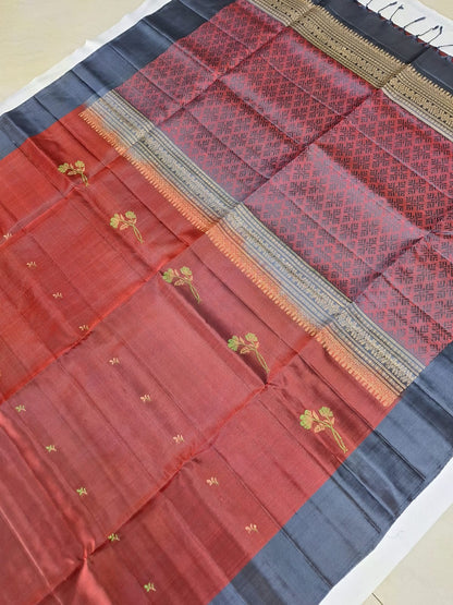 Pure Handloom Soft Silk -Maroon & Gray with floral motifs
