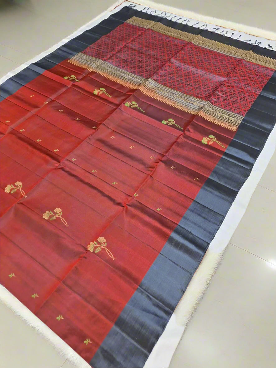 Pure Handloom Soft Silk -Maroon & Gray with floral motifs