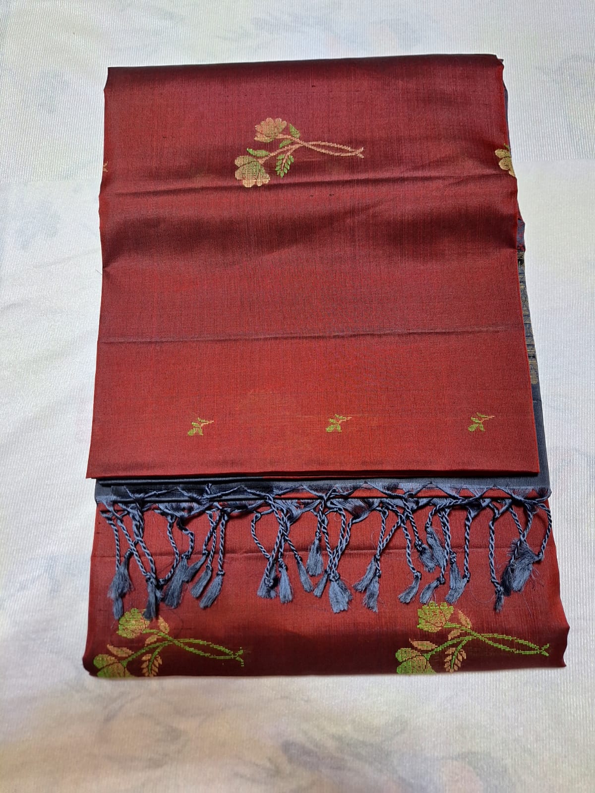 Pure Handloom Soft Silk -Maroon & Gray with floral motifs