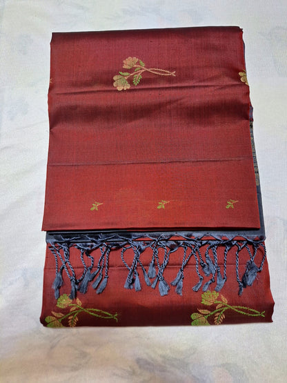 Pure Handloom Soft Silk -Maroon & Gray with floral motifs