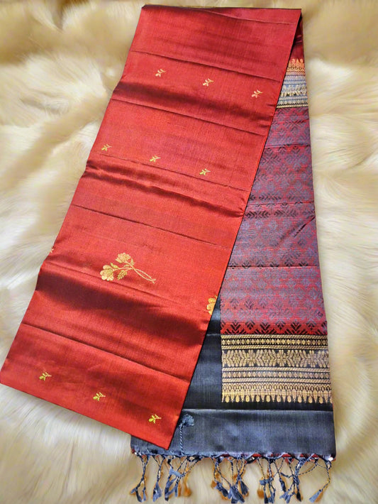 Pure Handloom Soft Silk -Maroon & Gray with floral motifs