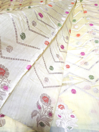 Pure Handloom Chiniya Silk - Pastel Light Yellow with heavy Meenakari work