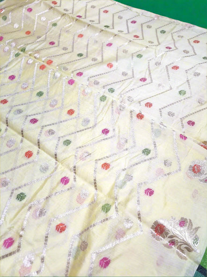 Pure Handloom Chiniya Silk - Pastel Light Yellow with heavy Meenakari work