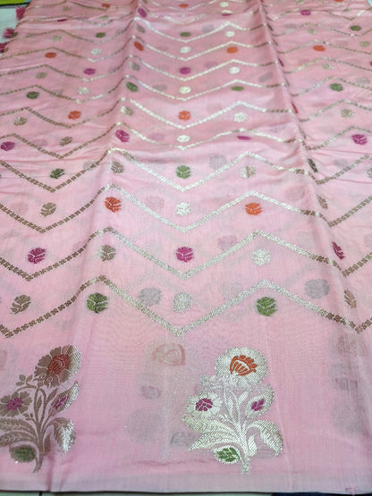 Pure Handloom Chiniya Silk - Light Pink with heavy Meenakari work