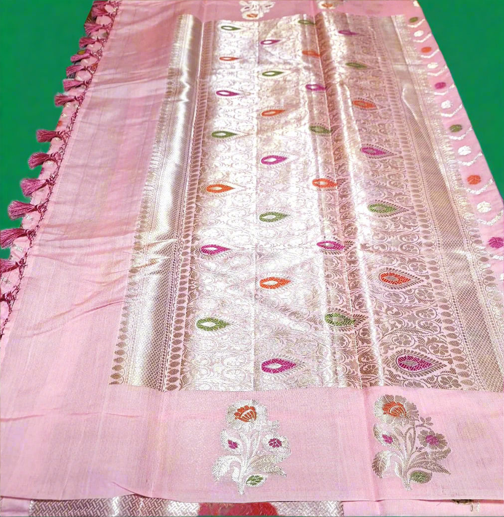 Pure Handloom Chiniya Silk - Light Pink with heavy Meenakari work