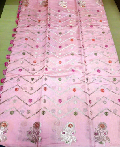 Pure Handloom Chiniya Silk - Light Pink with heavy Meenakari work