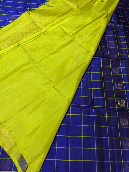 Pure Handloom Soft Silk - Royal Blue & Green Peacock & Rudraksh Checks