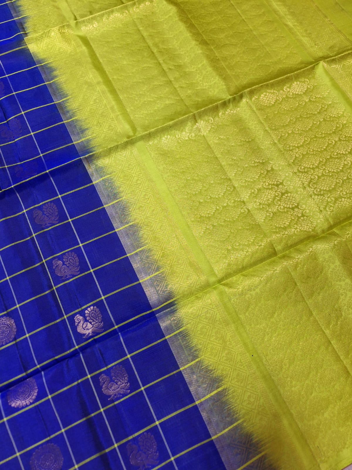 Pure Handloom Soft Silk - Royal Blue & Green Peacock & Rudraksh Checks