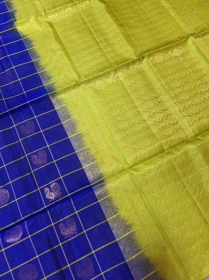 Pure Handloom Soft Silk - Royal Blue & Green Peacock & Rudraksh Checks