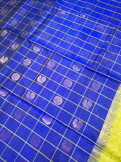 Pure Handloom Soft Silk - Royal Blue & Green Peacock & Rudraksh Checks