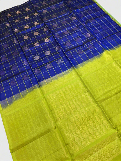 Pure Handloom Soft Silk - Royal Blue & Green Peacock & Rudraksh Checks