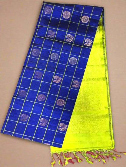 Pure Handloom Soft Silk - Royal Blue & Green Peacock & Rudraksh Checks