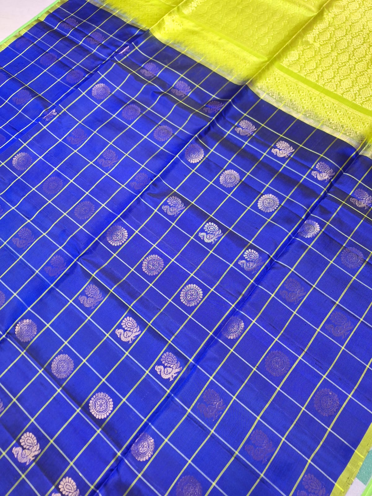Pure Handloom Soft Silk - Royal Blue & Green Peacock & Rudraksh Checks
