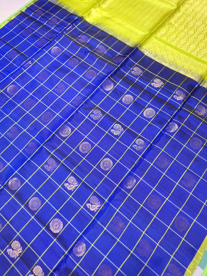 Pure Handloom Soft Silk - Royal Blue & Green Peacock & Rudraksh Checks