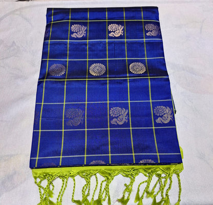 Pure Handloom Soft Silk - Royal Blue & Green Peacock & Rudraksh Checks
