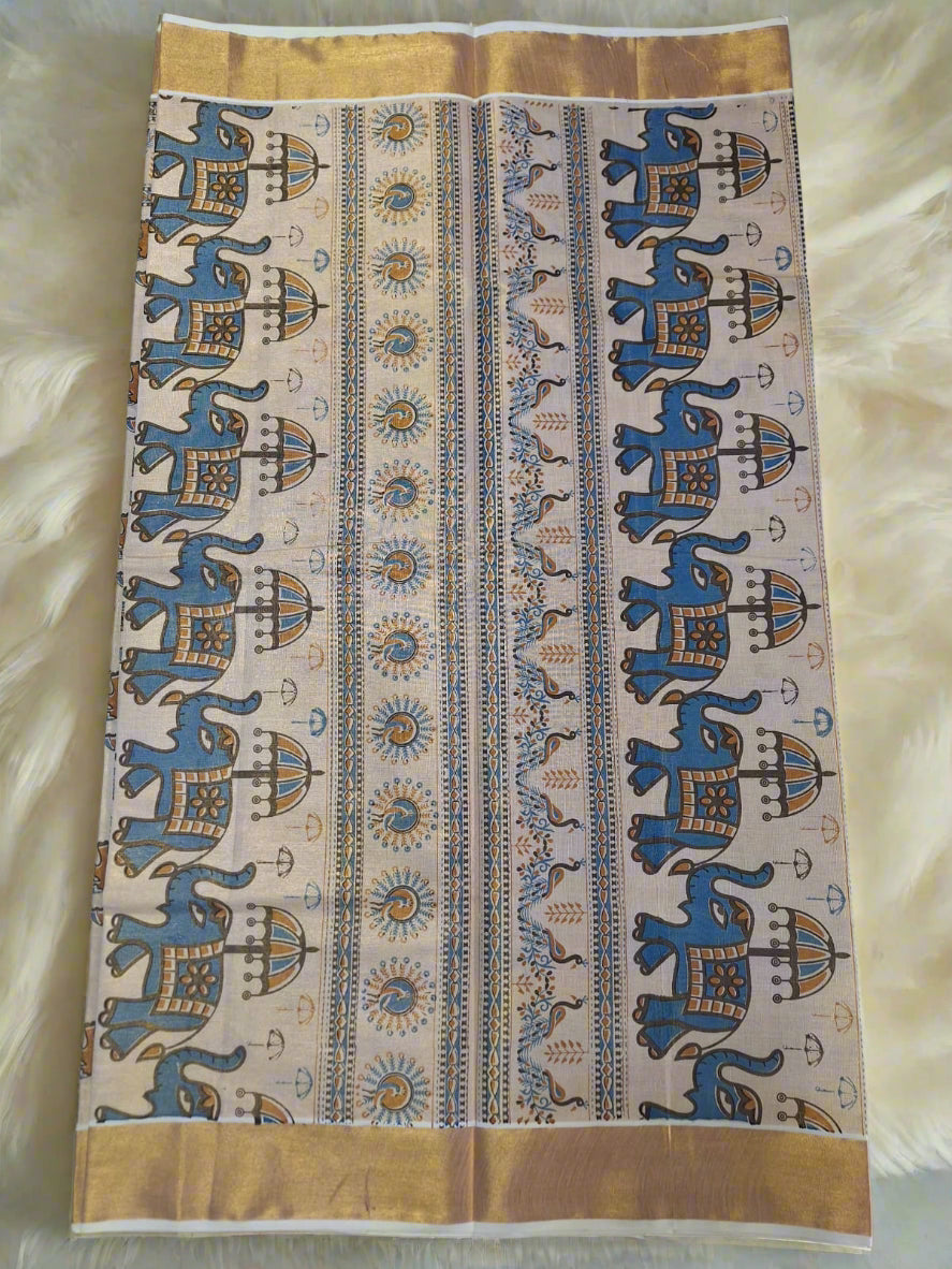 Digital print - Creme & Gold Zari Blue Elephant