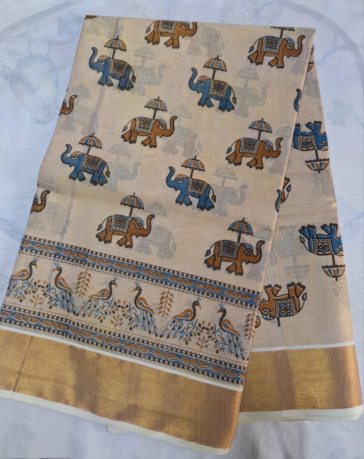Digital print - Creme & Gold Zari Blue Elephant