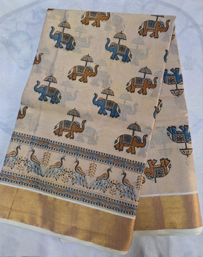 Digital print - Creme & Gold Zari Blue Elephant
