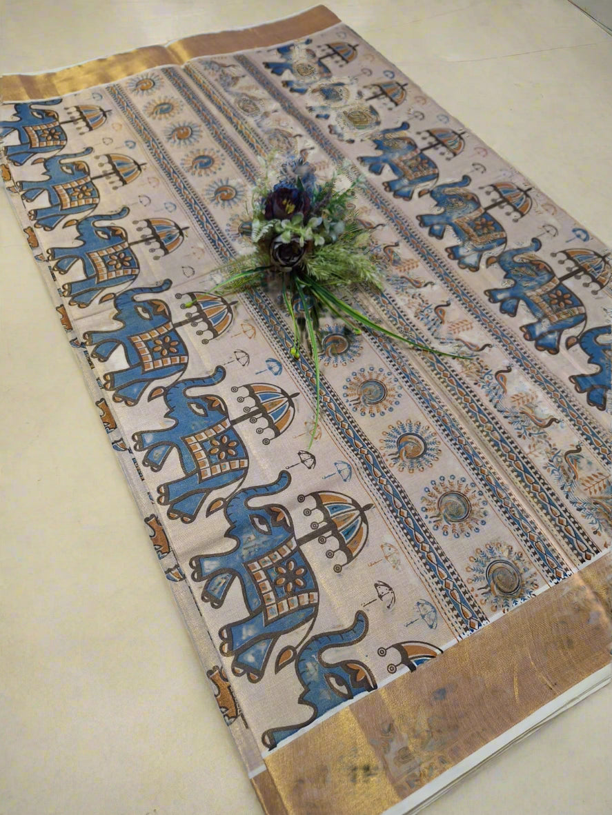 Digital print - Creme & Gold Zari Blue Elephant