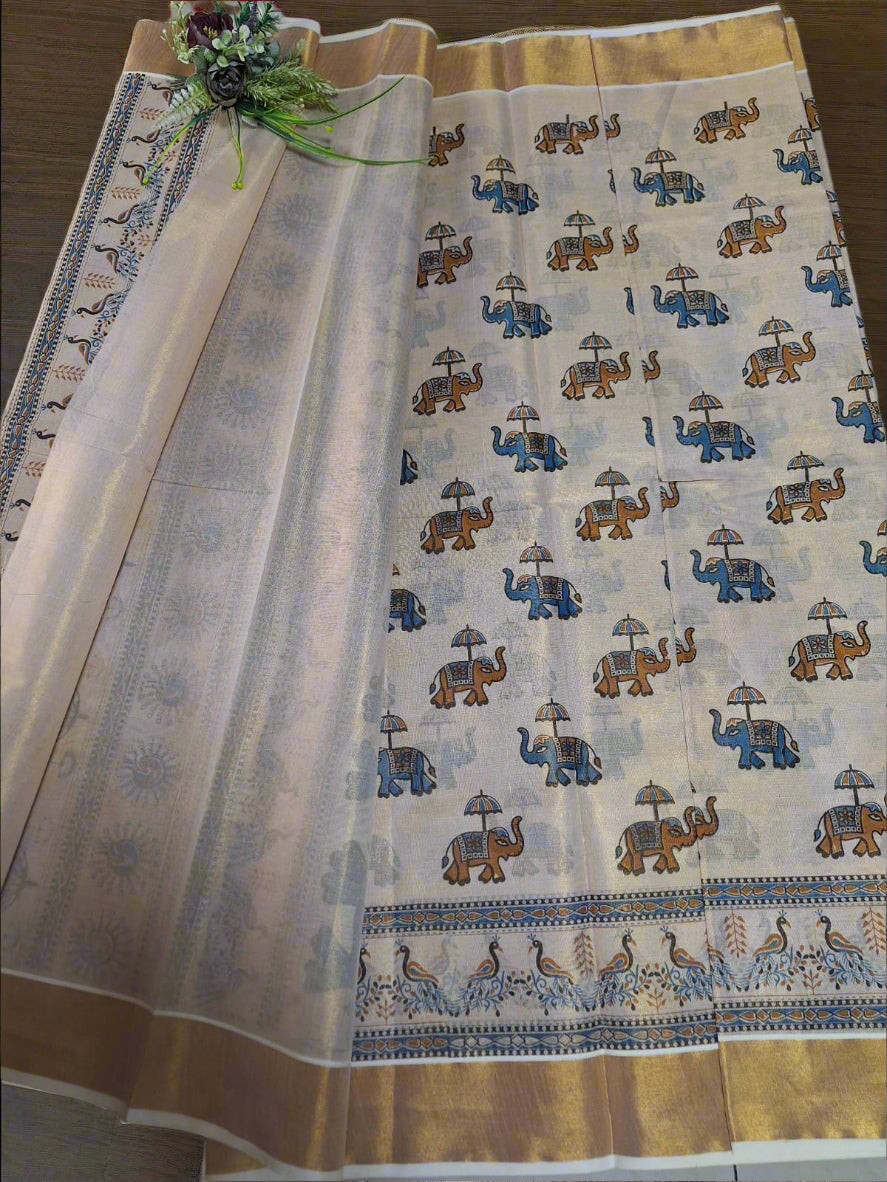 Digital print - Creme & Gold Zari Blue Elephant