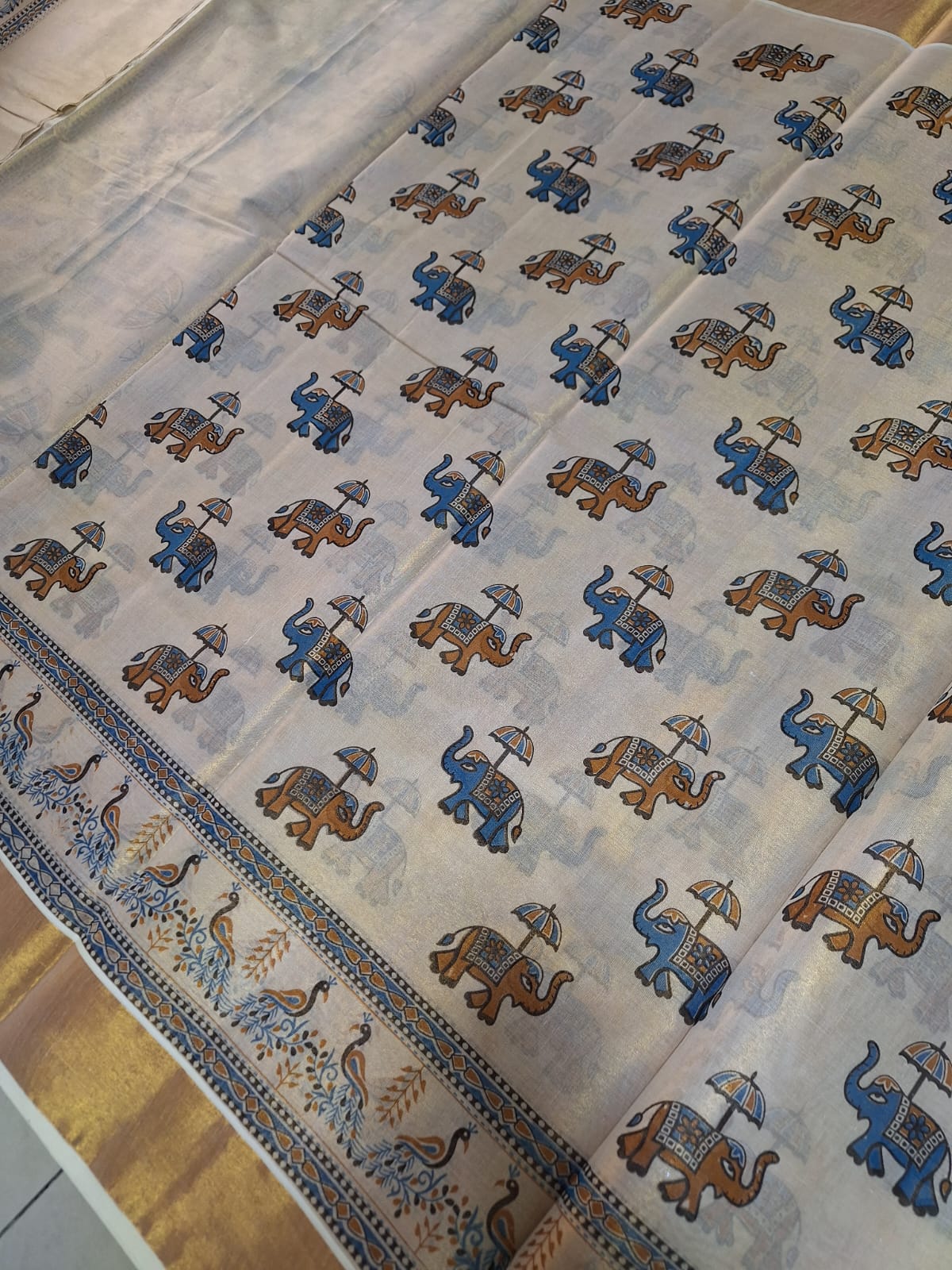 Digital print - Creme & Gold Zari Blue Elephant