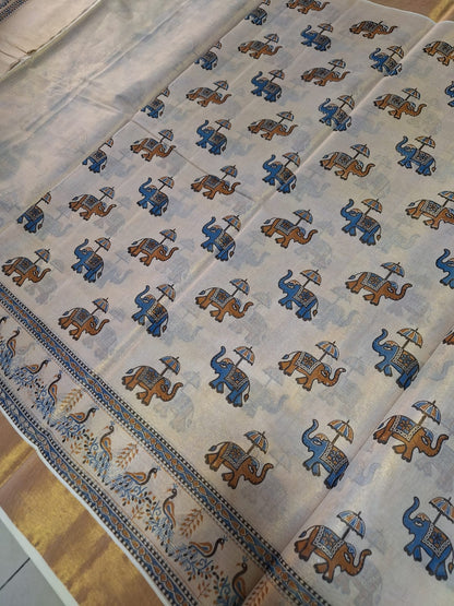 Digital print - Creme & Gold Zari Blue Elephant