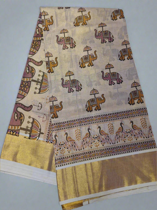 Digital print - Creme & Gold Zari Pink Elephant
