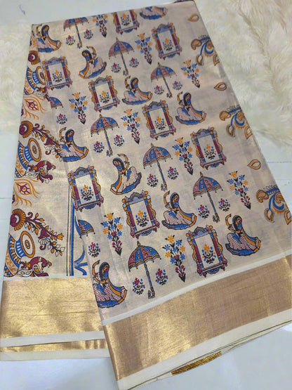 Digital print-Creme Gold Zari-Blue Maharani
