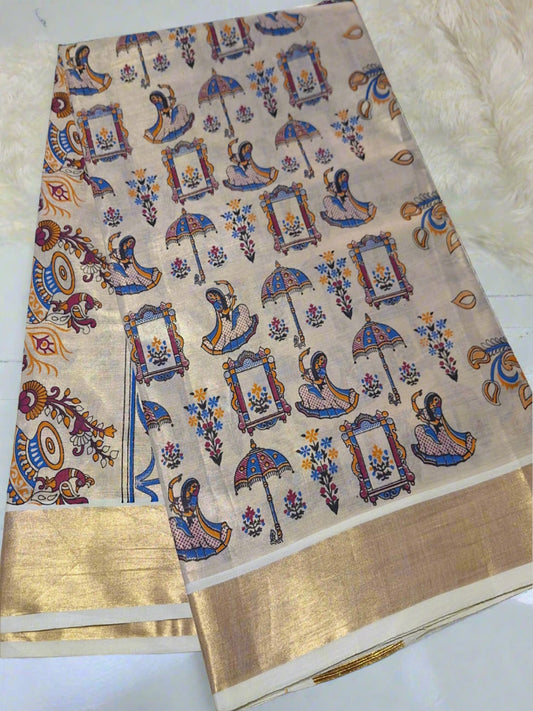 Digital print - Creme Gold Zari Blue Maharani & Jharokha