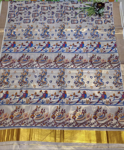Digital print-Creme Gold Zari-Blue Maharani