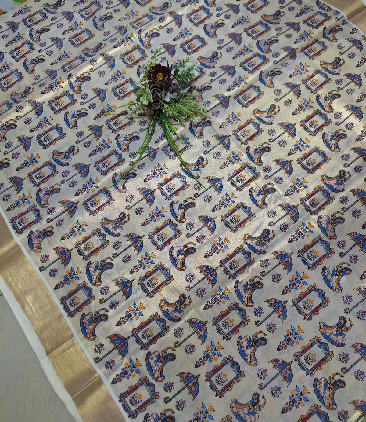 Digital print-Creme Gold Zari-Blue Maharani