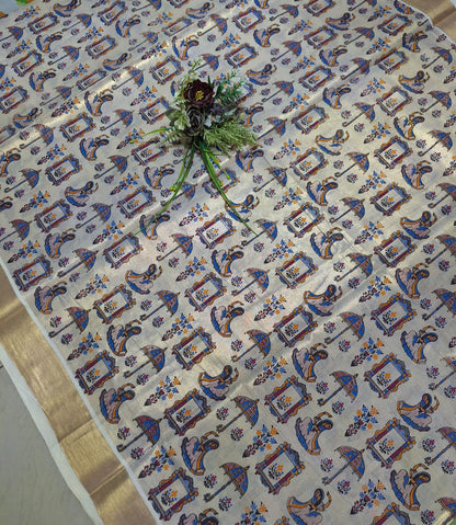 Digital print-Creme Gold Zari-Blue Maharani