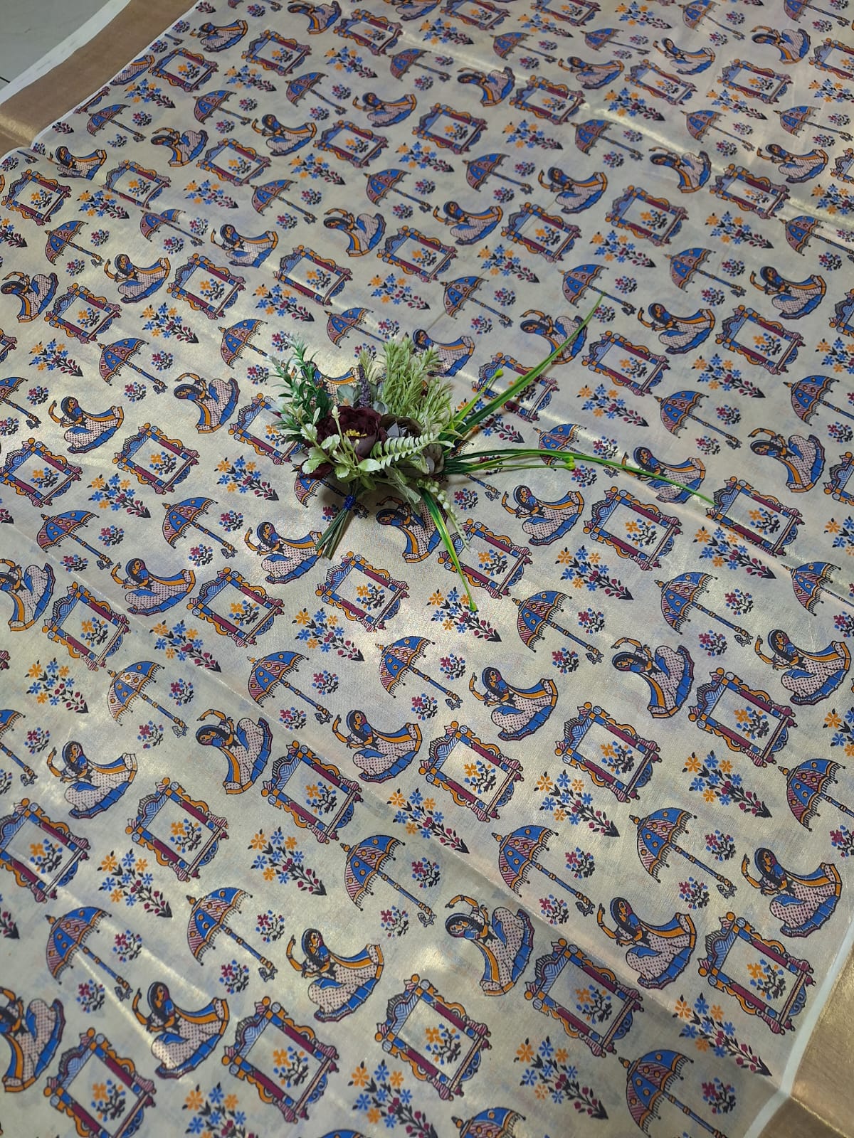 Digital print-Creme Gold Zari-Blue Maharani