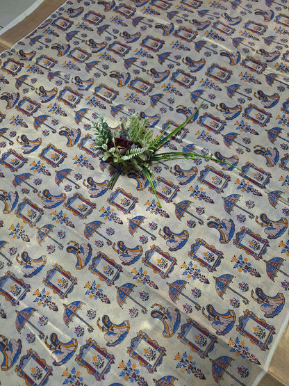 Digital print-Creme Gold Zari-Blue Maharani