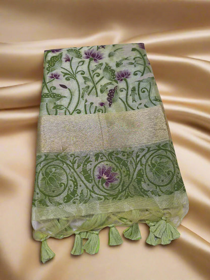 Tissue Silk - Green with Purple Lotus Weave Design