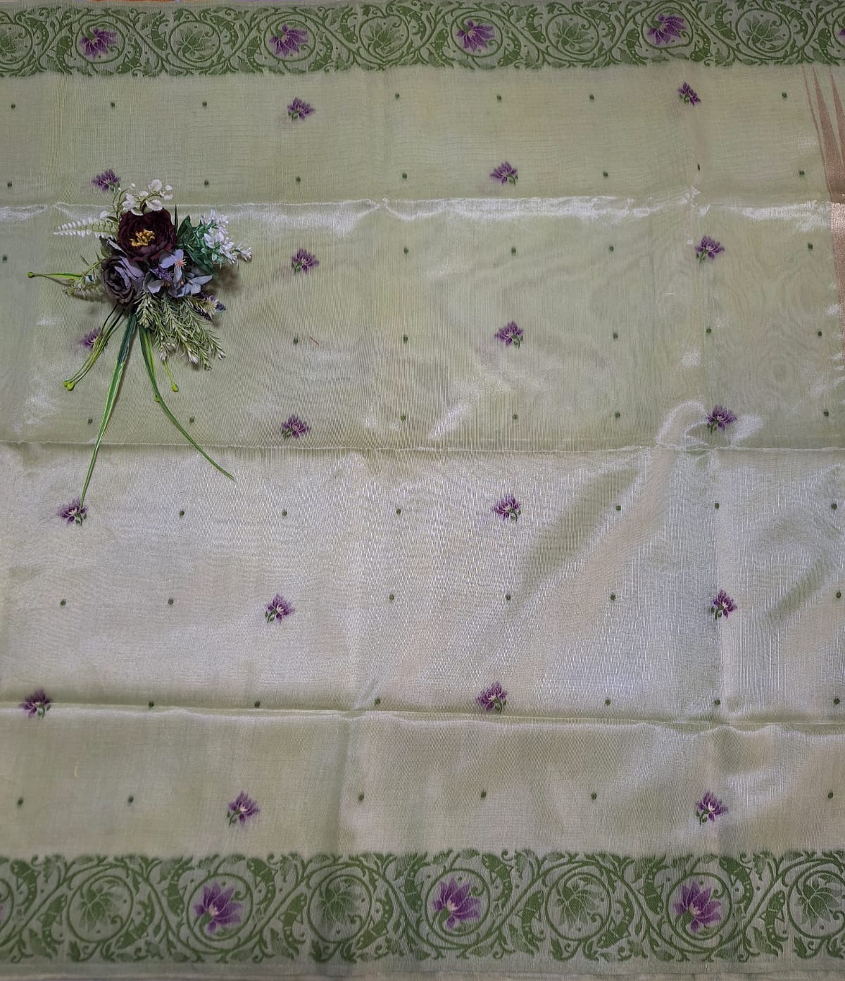 Tissue Silk - Green with Purple Lotus Weave Design