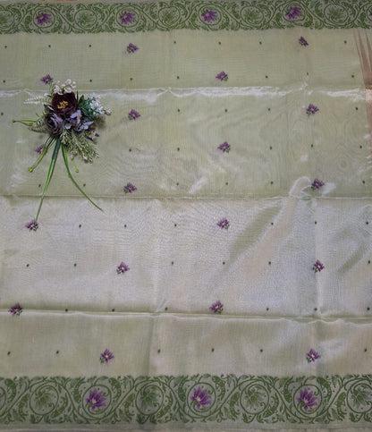 Tissue Silk - Green with Purple Lotus Weave Design